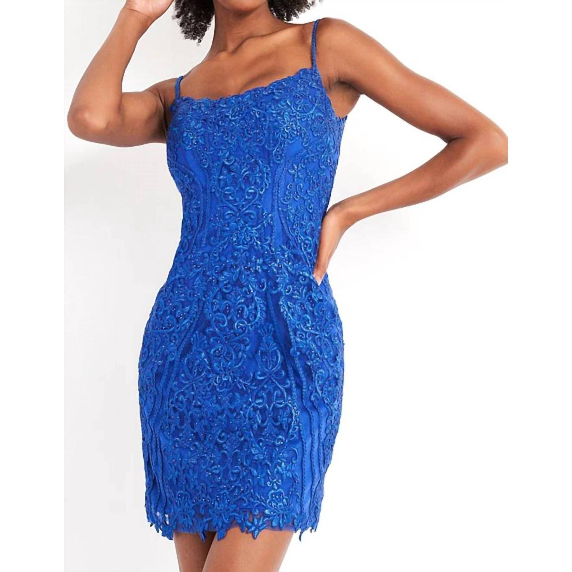 New Jovani Embroidered Scoop Neck Fitted Dress In Royal